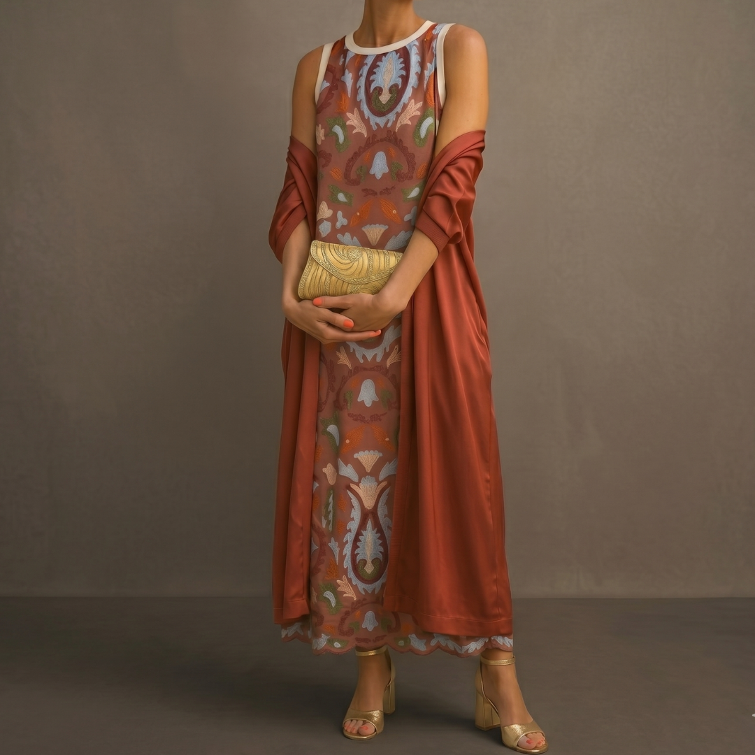 Daniela™ | Printed Dress & Matching Waistcoat