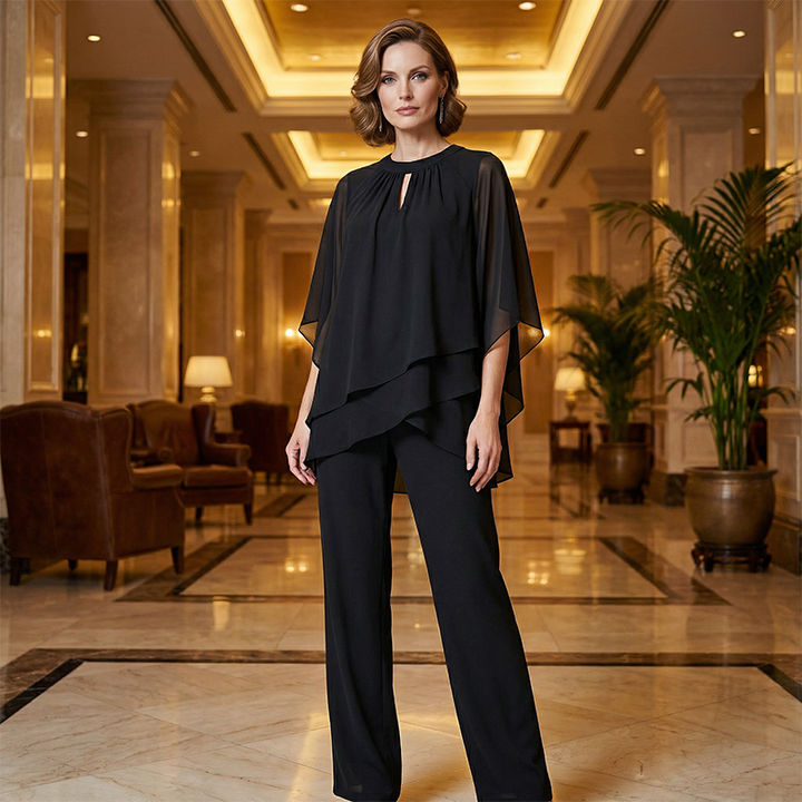 Elegant Two-Piece: Blouse with Asymmetrical Hem & Wide Trousers