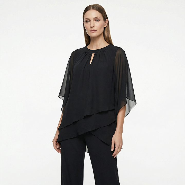 Elegant Two-Piece: Blouse with Asymmetrical Hem & Wide Trousers